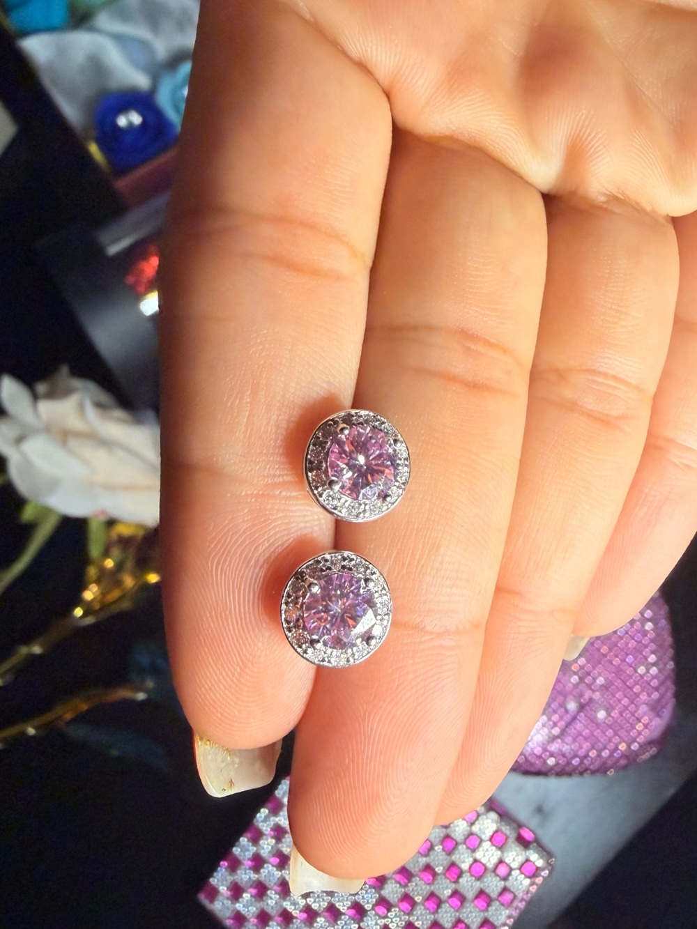 Pink Crystal Halo Stud Earrings - Elegant Women's Jewelry